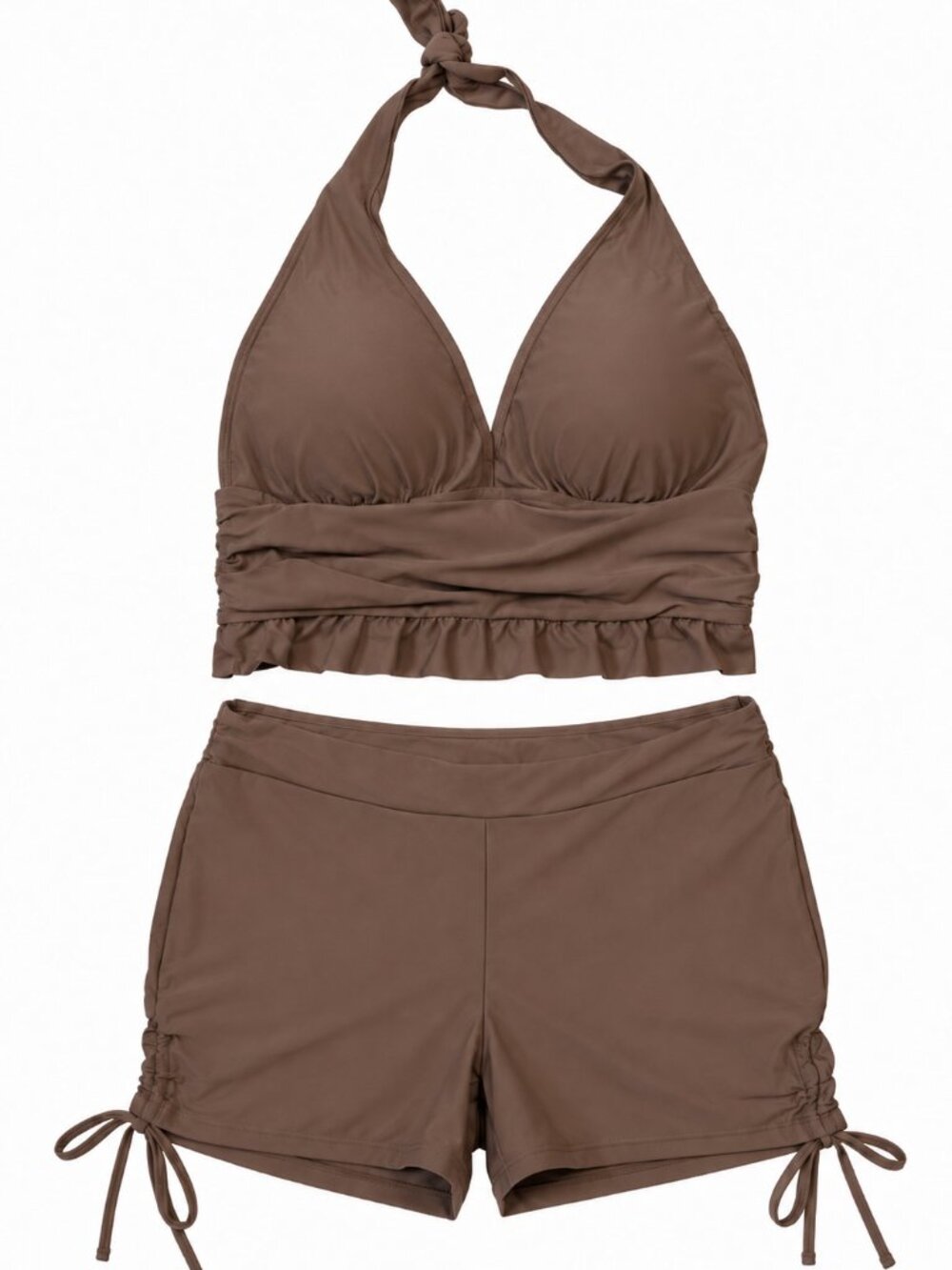 Women’s Brown Halter Tankini with Ruched Swim Shorts